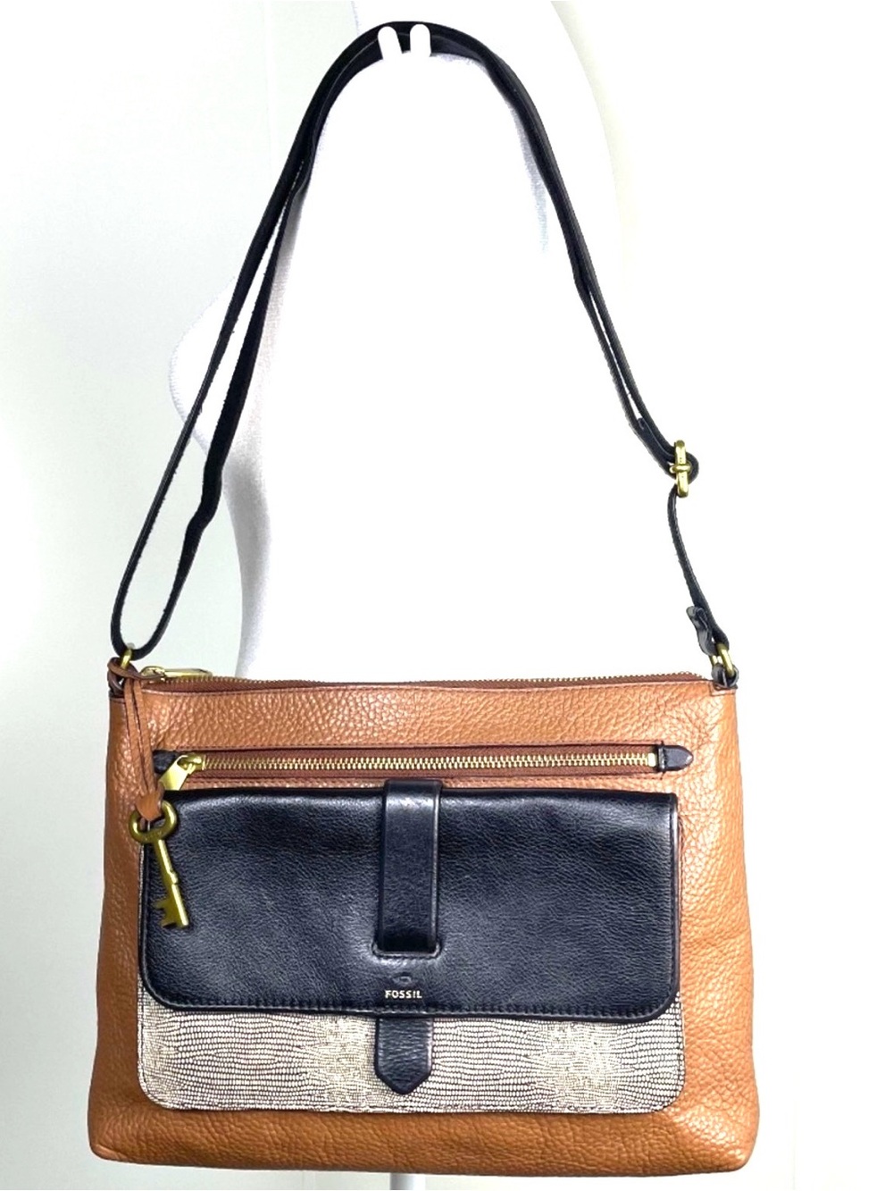 FOSSIL Kinley Pocket Crossbody Bag Leather Colorblock Brown Black Minimalist - Picture 2 of 13